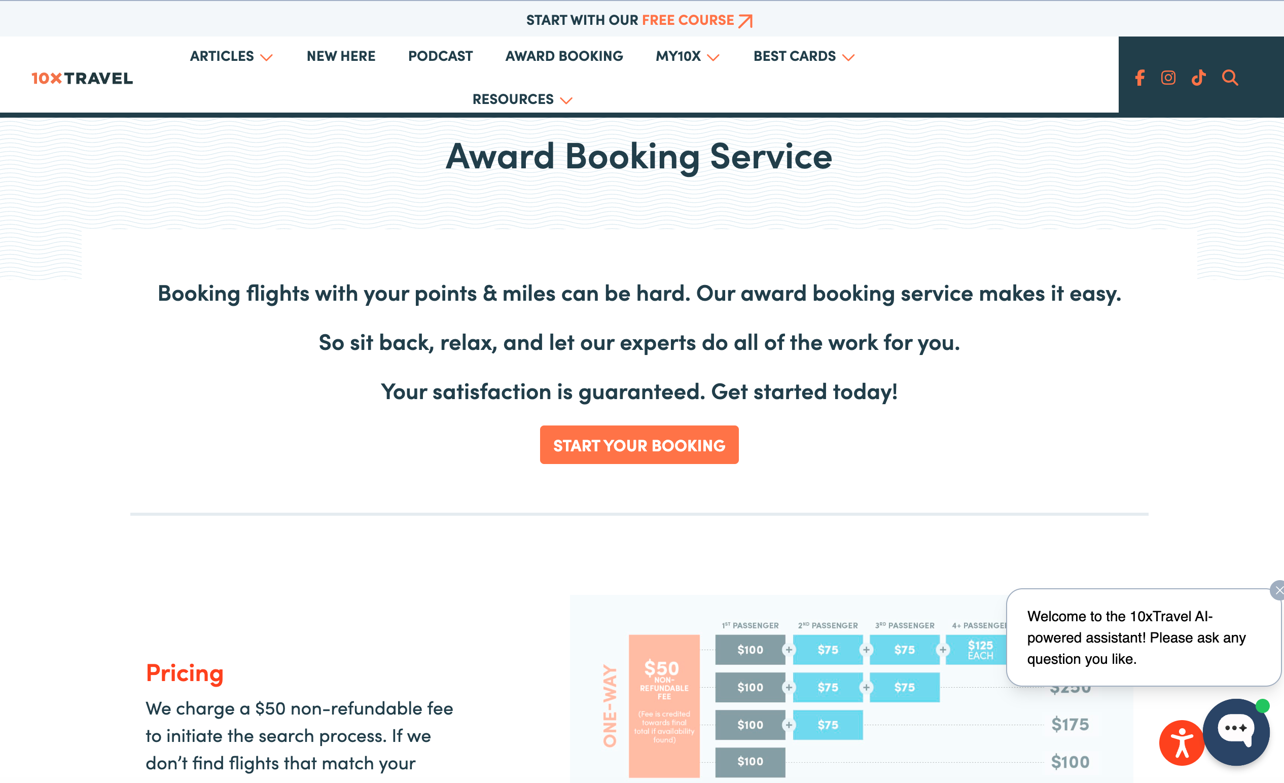10xtravel.com award booking page. 10XTRAVEL.COM